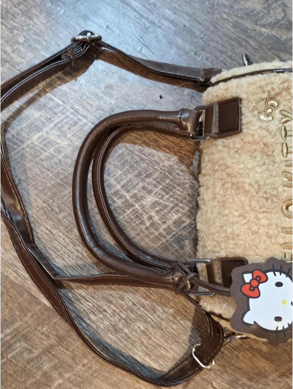 Hello Kitty Faux Shearling Barrel Crossbody Bag - Beige and Brown - Picture 8 of 8